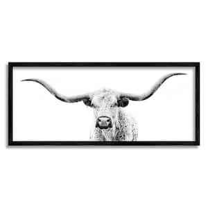 Longhorn Cattle Gazing Modern White Photography Design Design By PHBurchett Framed Animal Art Print 30 in. x 13 in.