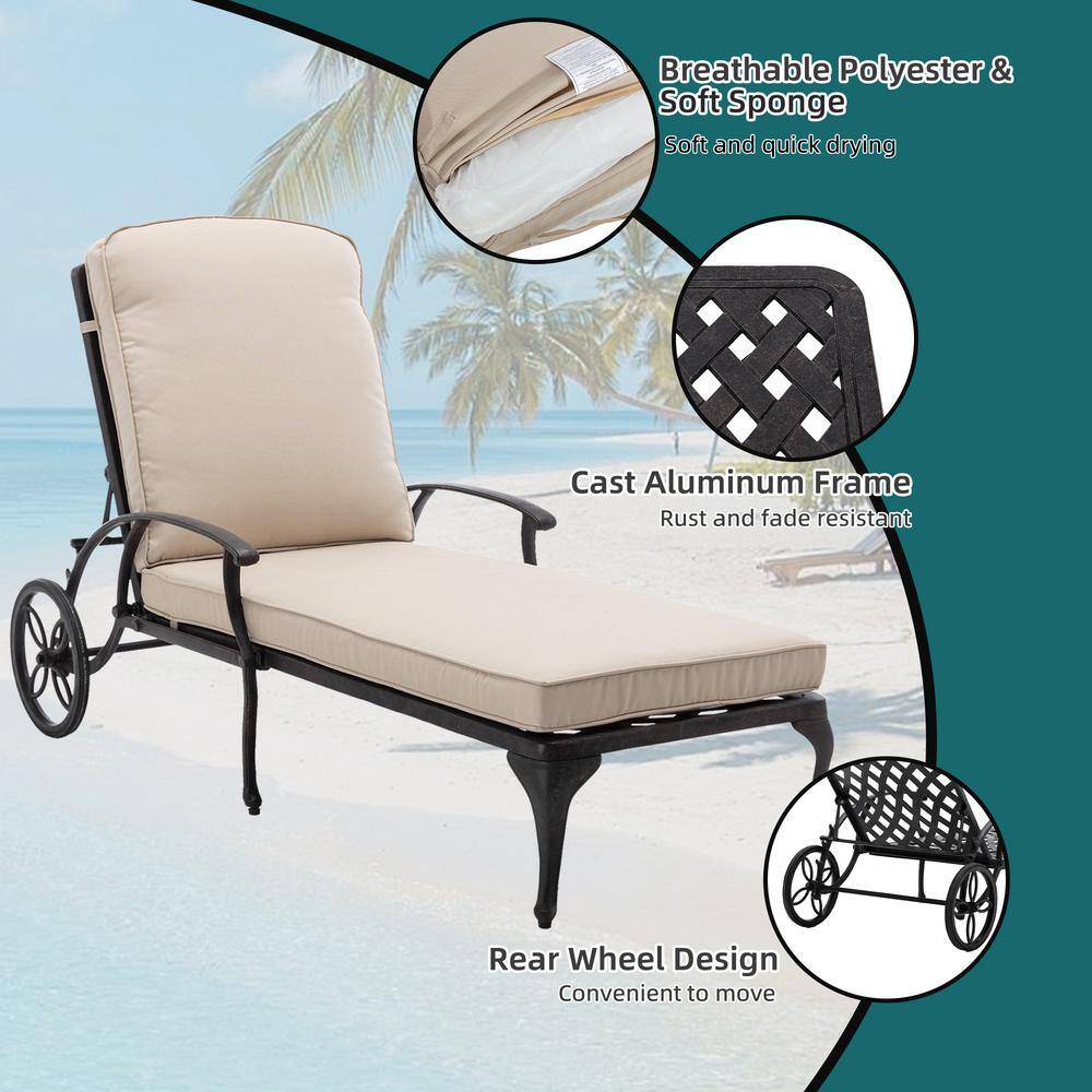Beige Cushioned Cast Aluminum Chaise Lounge with Arms