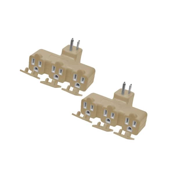 (G-03431BE-2) 3-Outlet Tri-Tap with Right Angle Plug and Weather Covers, Wall Tap Adapter, Beige, 2 PACK