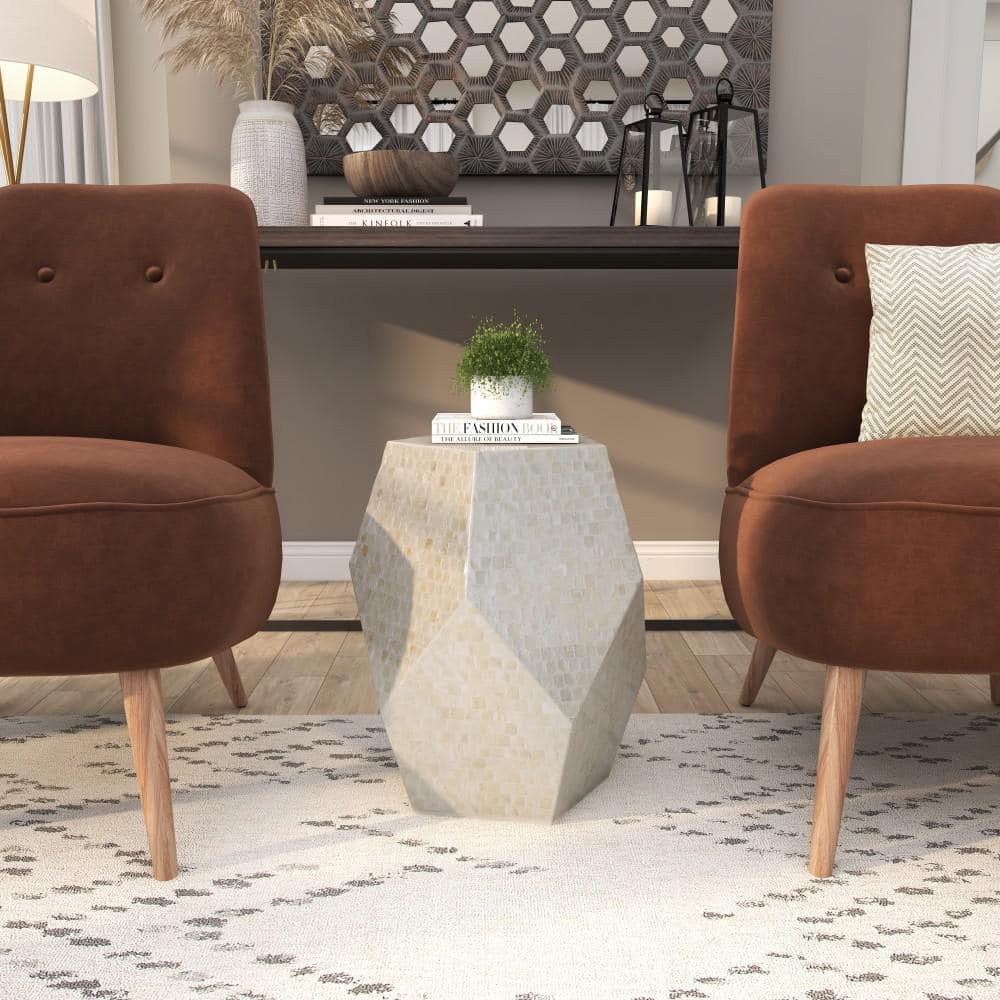 Elegant Cream Mosaic Shell & Wood Round Accent Table