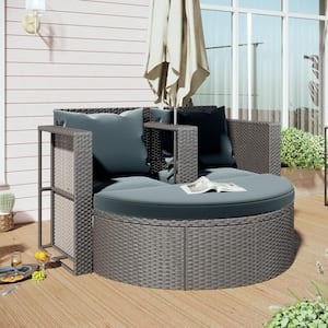 2-Piece PE Wicker Patio Conversation Set with Gray Cushions and Umbrella Hole Outdoor Half-moon Sectional Furniture Set