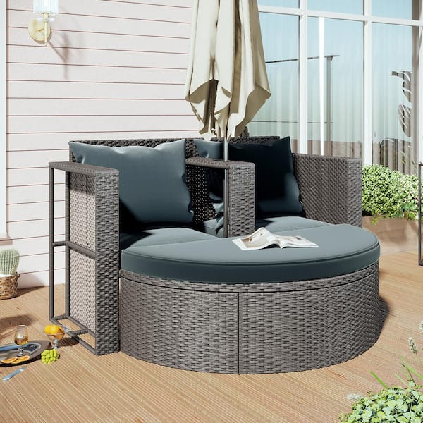 BTMWAY 2-Piece PE Wicker Patio Conversation Set with Gray Cushions and Umbrella Hole Outdoor Half-moon Sectional Furniture Set