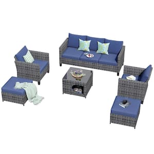 Moxie Gray 6-Piece Wicker Outdoor Patio Conversation Seating Set with Denim Blue Cushions