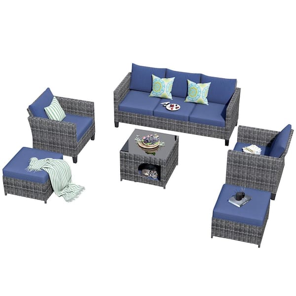 XIZZI Moxie Gray 6-Piece Wicker Outdoor Patio Conversation Seating Set with Denim Blue Cushions