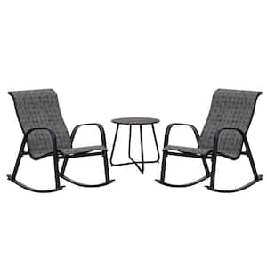 Black and Grey Plaid 3-Piece Metal Patio Bistro Rocking Chair Set, Rocker Seating for Front Porch, Garden, Patio