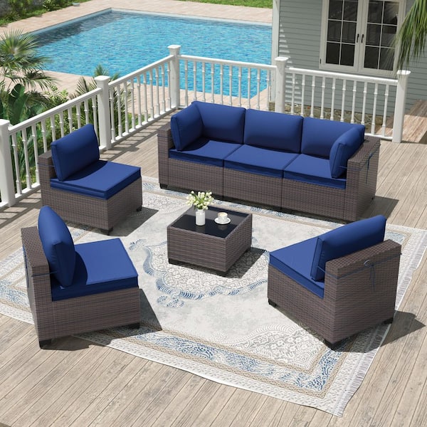 7-Piece Brown Wicker Outdoor Sectional Set with 6-Seats, Adjustable Feetpad and Cushion Navy Blue