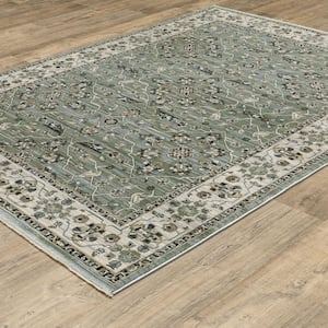 Key Blue/Green Doormat 3 ft. x 5 ft. Vintage Oriental Floral Polyester Fringed-Edge Indoor Area Rug