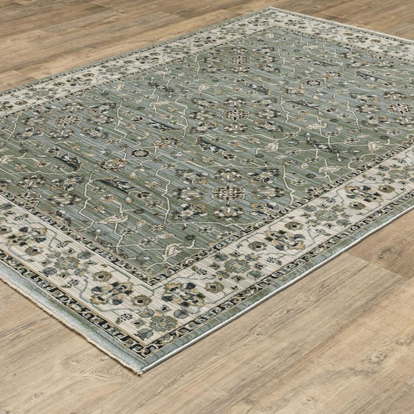 Key Blue/Green 10 ft. x 13 ft. Vintage Oriental Floral Polyester Fringed-Edge Indoor Area Rug