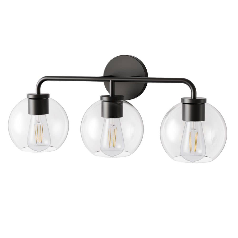 22.7 in. 3 Light Black Vanity Light with Clear Globe Shades Modern Round Wall Mount Wall Light for Bathroom E26 Base price history on PriceWatchPro
