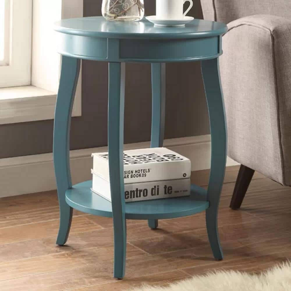 Teal Round Wood Side Table with Bottom Shelf