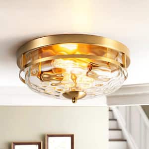 Huson 12.9 in. 2-Light Aged Brass Industrial Farmhouse Flush Mount with Clear Bubble Water Rippled Glass Shade