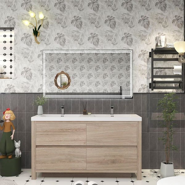 BV Better Vanity Louis 59 in. W x 20 in. D x 35 in. H Double Sink Freestanding Bath Vanity in White Oak with White Acrylic Top