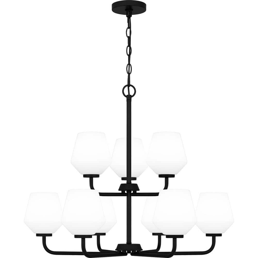 Matte Black 9-Light Chandelier with Opal Glass Shades