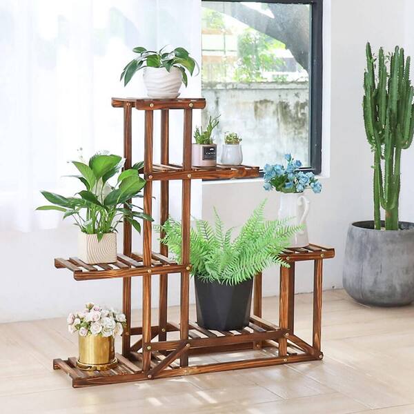 6 Potted Wooden 2024 Plant Stand with Removable Wheels 32 inches