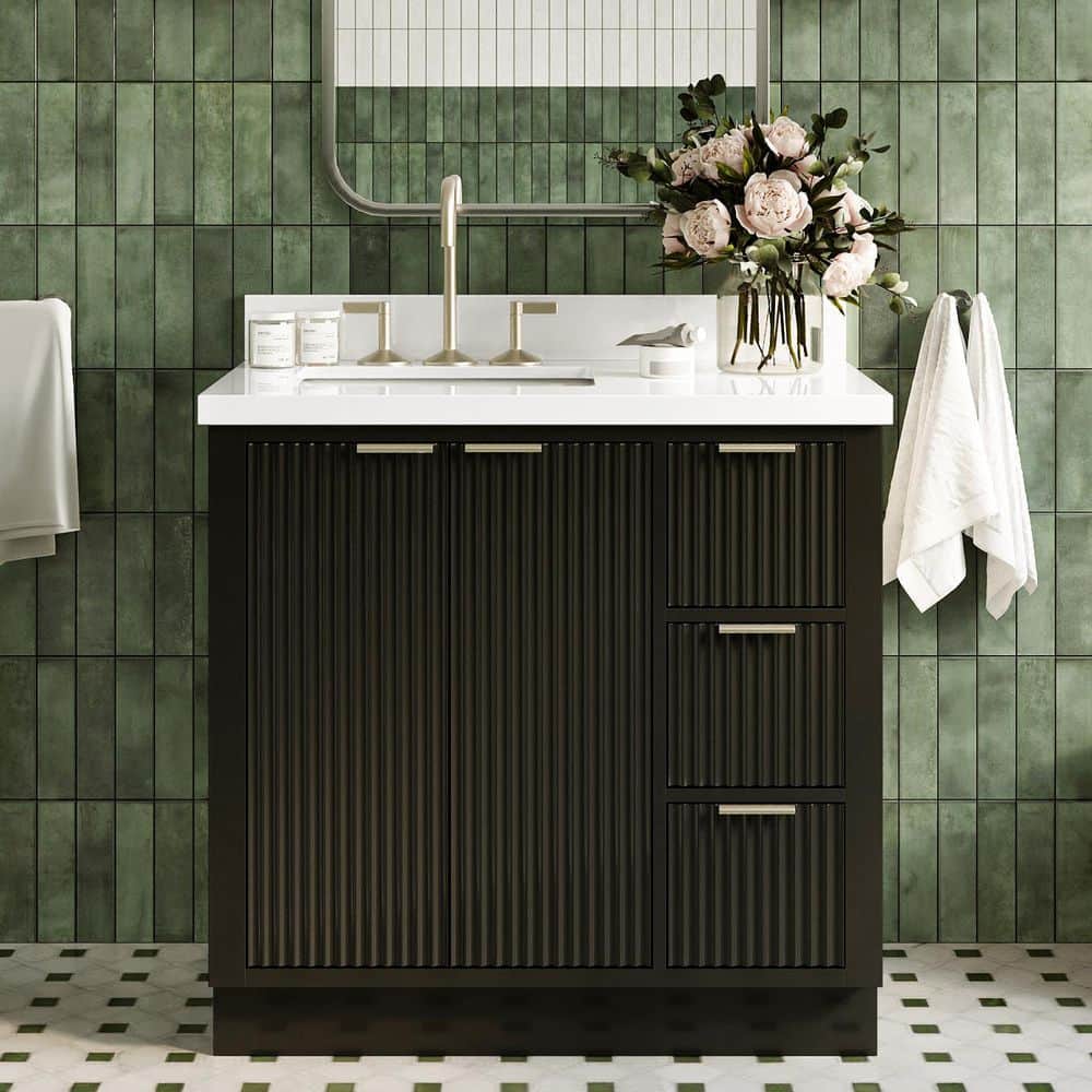 Milan 36 in. Single Sink Freestanding Bathroom Vanity in Black with Pure White Quartz Top price history on PriceWatchPro