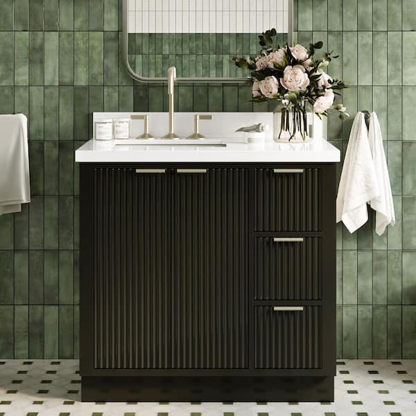 Milan 36 in. Single Sink Freestanding Bathroom Vanity in Black with Pure White Quartz Top