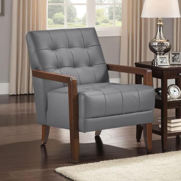 Lenie Dark Gray and Walnut Brown Faux Leather Arm Chair with 4 Legs Base Style