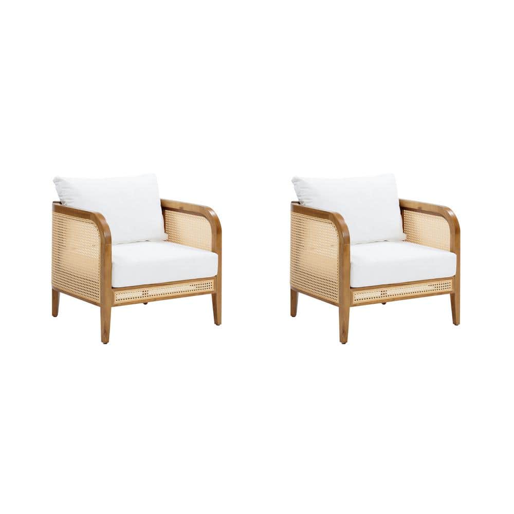 Bohemian Acacia Wood Patio Chairs with White Cushions, Set of 2