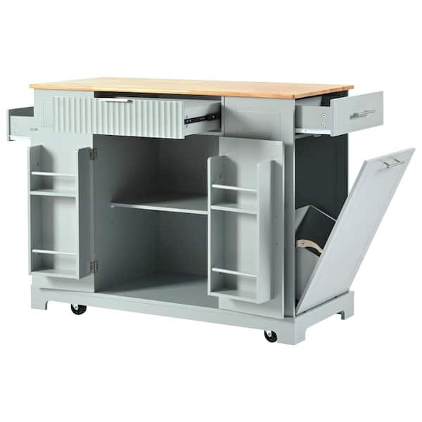 Cesicia Coastal Gray Blue Wood 48 in. Power Outlet Kitchen Island with 10 Gallon Trash Can Storage and Internal Storage Rack