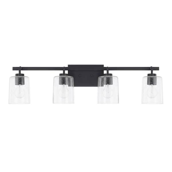 HOMEPLACE LIGHTING 34.5 in. W x 9 in. H x 6 in. E 4-Light Clear Seeded Glass Vanity in Matte Black
