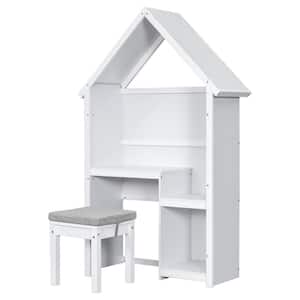 45.9 in. W x 16.5 in. D x 71.8 in. H White Wood Buffet Linen Cabinet with House-Shaped Desk and Cushion Stool