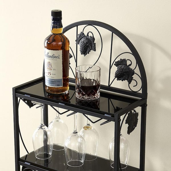 Metal Wine Rack with Glasses Holder, Freestanding Floor Bar Storage and Display Shelf Hold 20-Bottles Black