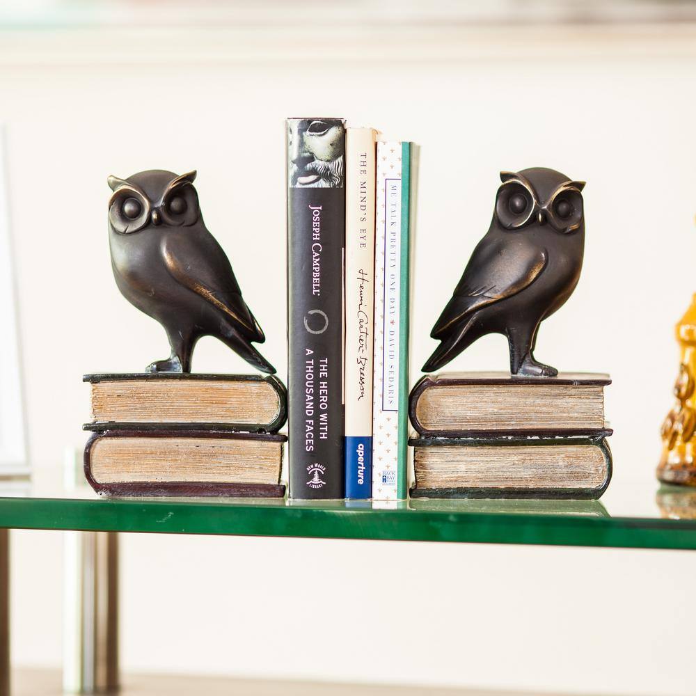 DANYA B Savvy Bronze Patina Owl on Books Bookends (Set of 2)