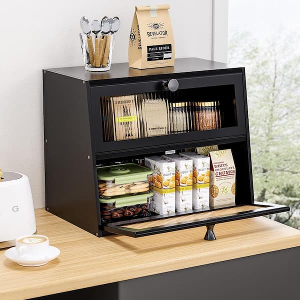 1-Piece Extra Large 2-Layer Black Wooden Farmhouse Bread Box with Acrylic Window for Kitchen Countertop Storage Set