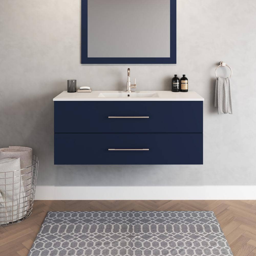 Napa 48 in. W x 18 in. D Single Sink Bathroom Vanity Wall Mounted In Navy Blue with Ceramic Integrated Countertop price history on PriceWatchPro