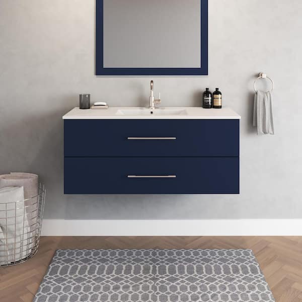 VOLPA USA AMERICAN CRAFTED VANITIES Napa 48 in. W x 18 in. D Single Sink Bathroom Vanity Wall Mounted In Navy Blue with Ceramic Integrated Countertop