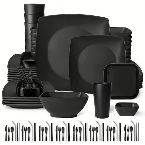 88-piece Black Wheat Straw Dinnerware Set for 8, Plates, Snack Bowls, Dipping Sauce Cups, Tumblers, Dishwasher Safe