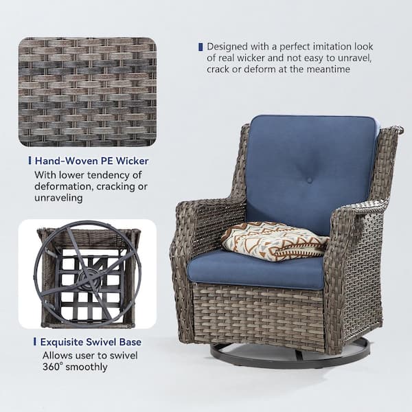 3-Piece Wicker Patio Swivel Rocking Chair Outdoor Bistro Set with Blue Cushions