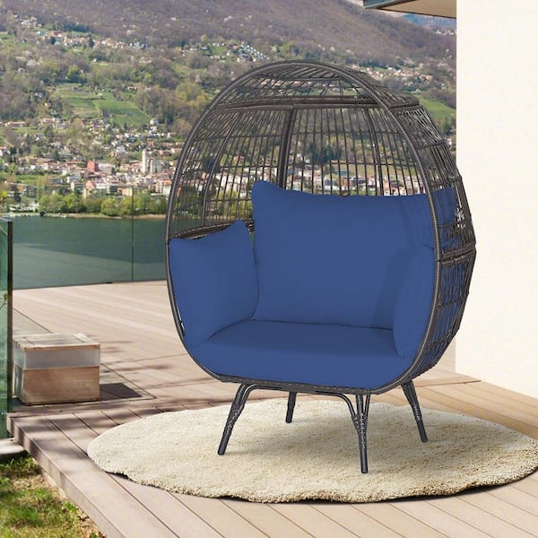 Patio Oversized Rattan Wicker Egg Chair Outdoor Lounge Chair with Navy Cushions Indoor and Outdoor