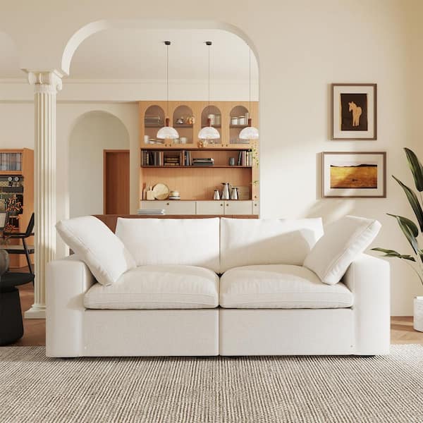Magic Home Deep Seat Couch 79 in. Square Arm Linen 2-Piece Solid Wood Love Sofa Cloud Modular Sectional Sofa in White for Apartment