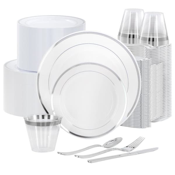 600-Piece Disposable Plastic Dinnerware Party Set for 100-Guests in White with Silver Trim