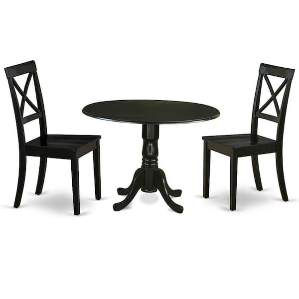 East West Furniture 3-Piece Black Finish Solid Wood Top-Round Dining Room Set with Dropleaf-Seats 4
