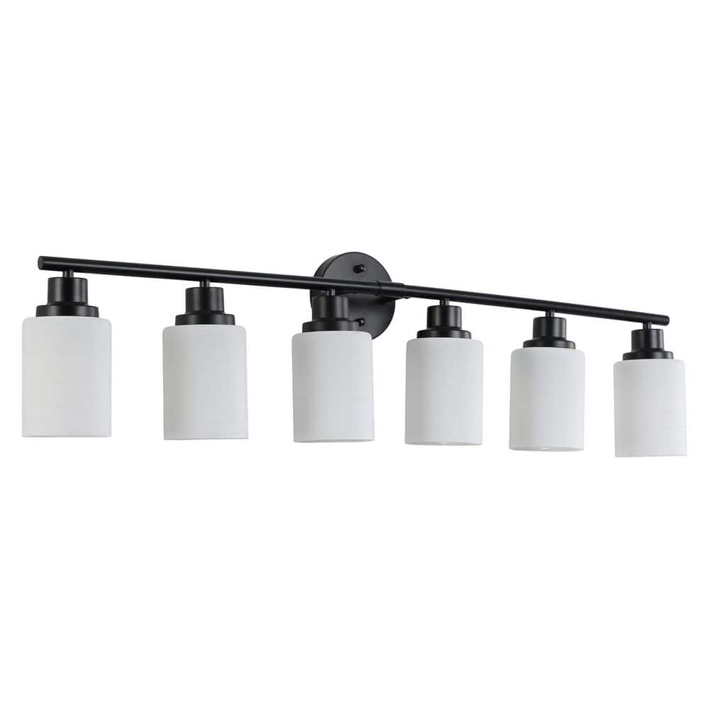 39 in. 6-Light Modern Black Wall Bathroom Mirror Vanity Light with Frosted 