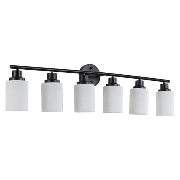 39 in. 6-Light Modern Black Wall Bathroom Mirror Vanity Light with Frosted Glass Shade (Bulb Not Included)