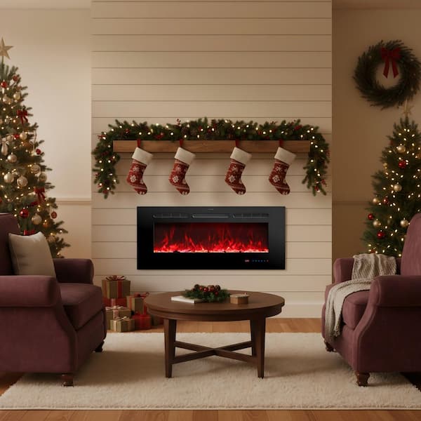 36 in. Wall-Mounted Electric Fireplace with 12-Flame Colors, Logs and Crystals, Adjustable Thermostat and Remote Control