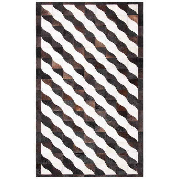 SAFAVIEH Studio Leather Black Ivory 5 ft. x 8 ft. Border Striped Area Rug