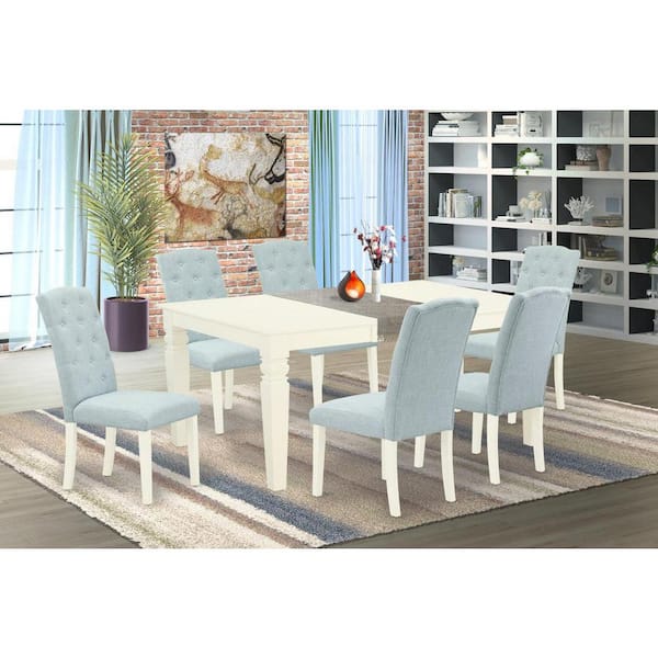 East West Furniture 7-Piece Linen white Solid Wood Top-Rectangular Dining Room Set with Butterfly Leaf-Seats 4