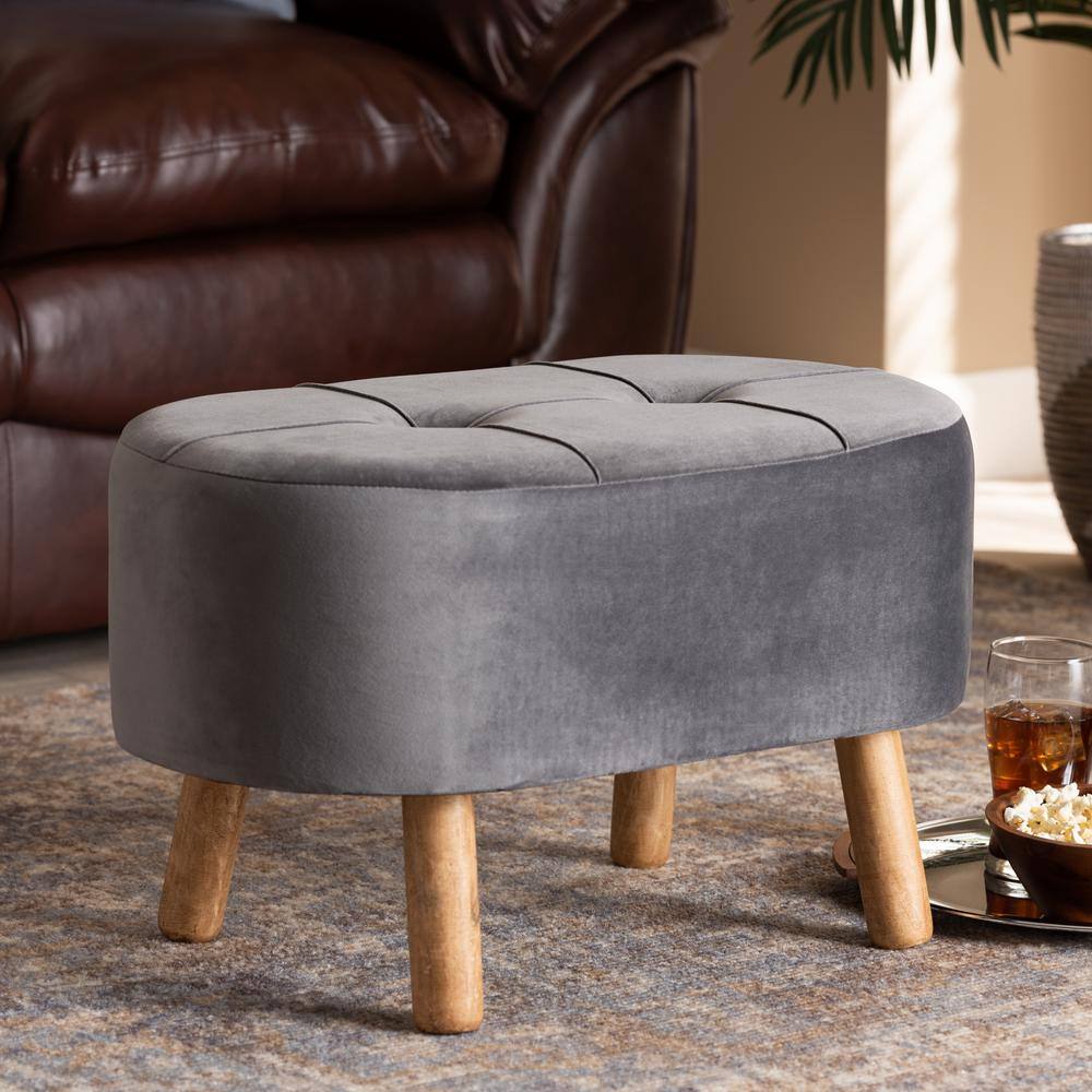Simone Mid-Century Tufted Grey Velvet Ottoman