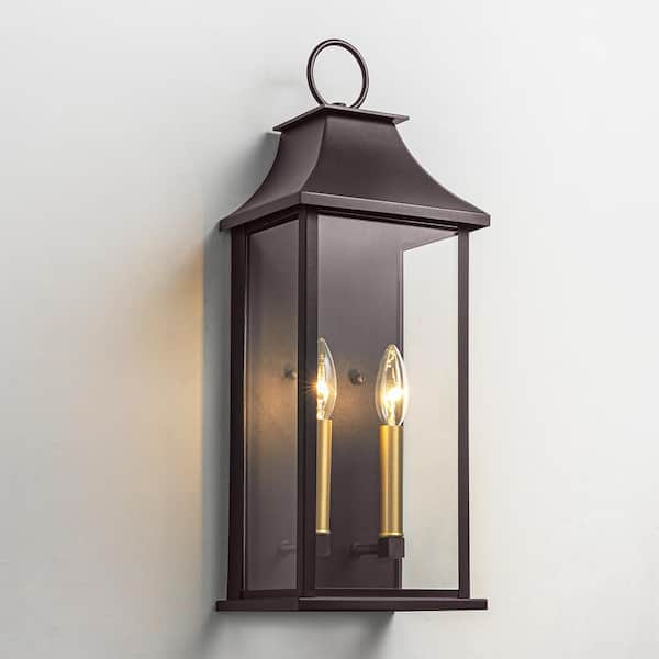 Montpelier 20.6 in. 2-Light Oil-Rubbed Bronze Dusk to Dawn Outdoor Hardwired Wall Lantern Scone