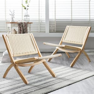 22.8 in Beige Wide Mid-Century Folding Wood Accent Chair Boho Modern Lounge Chair with Solid Wood Frame Indoor Set of 2