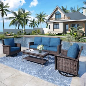 Black 4-Pieces Metal Patio Conversation Sectional Seating Set with Swivel Sofa Chairs, Glass Top Table and Blue Cushions