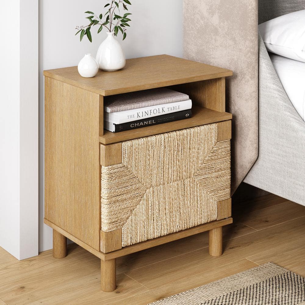 Nathan James Beacon Light Brown Seagrass Open Storage with Cabinet 19 in. W Nightstand