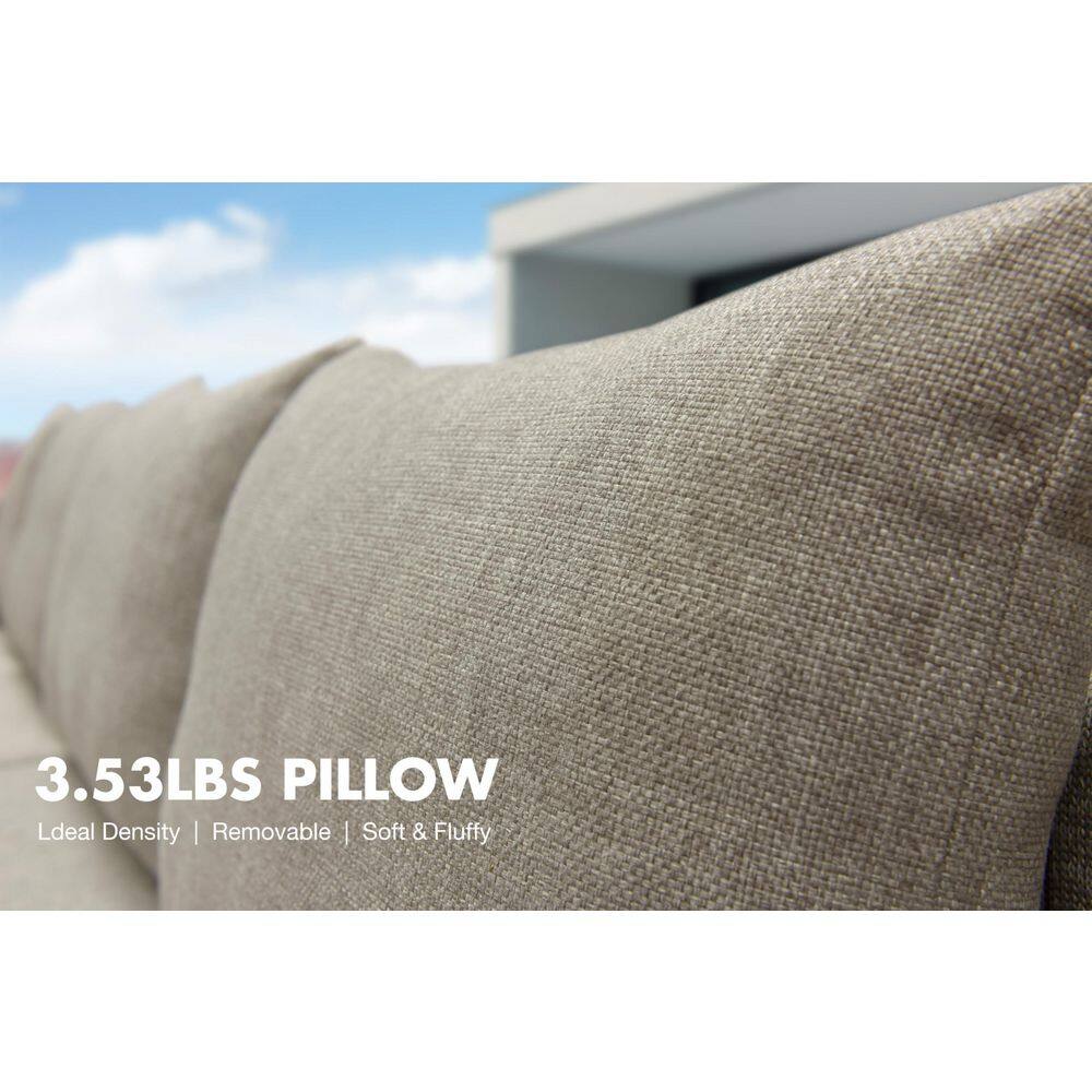 Close-up of a soft, fluffy beige outdoor pillow.