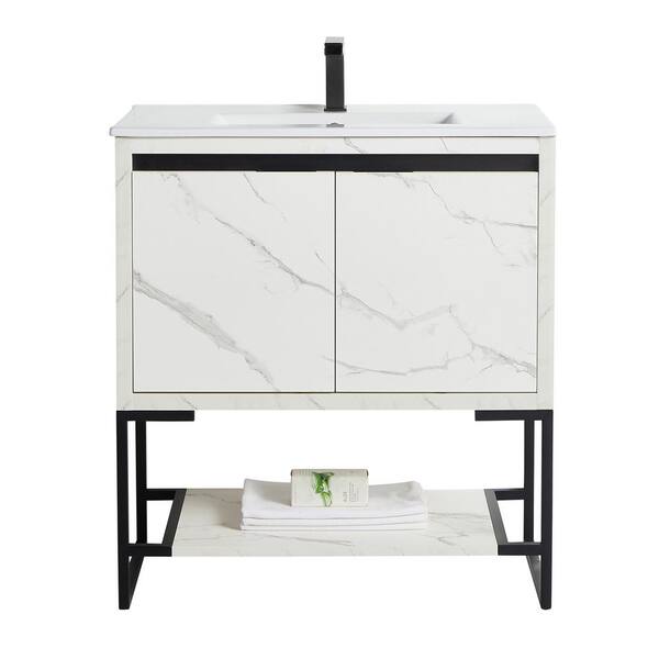 WELLFOR Yunjin Stone 30 in. Wash Basin and Bathroom Cabinet without LED Mirror