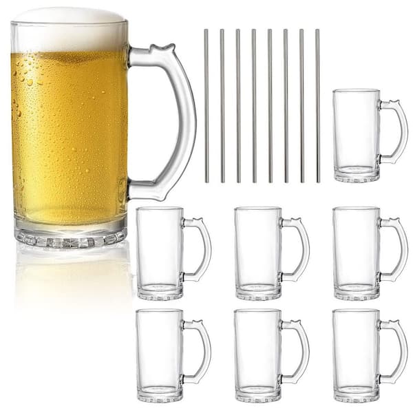 16 oz. Clear Glass Beer Mug with Handle and Stainless Steel Straws for Freezer, Bar, Alcohol, Beverages, Soda (Set of 6)