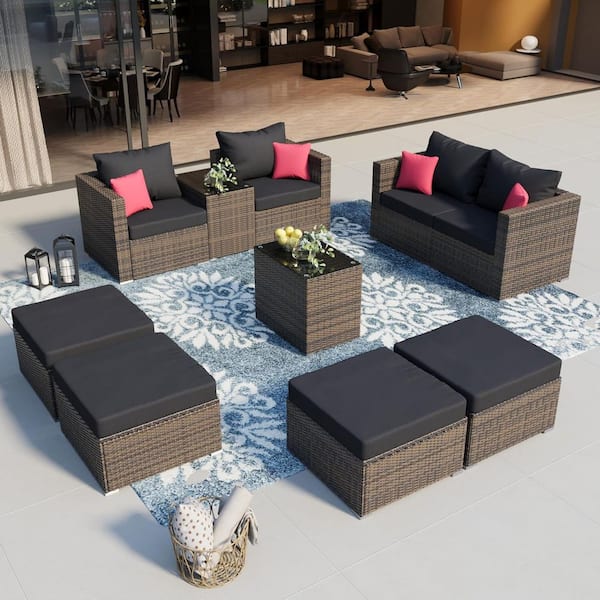 10-Piece Wicker Patio Conversation Set with Black Cushions, Red Pillows, and Furniture Protection Cover